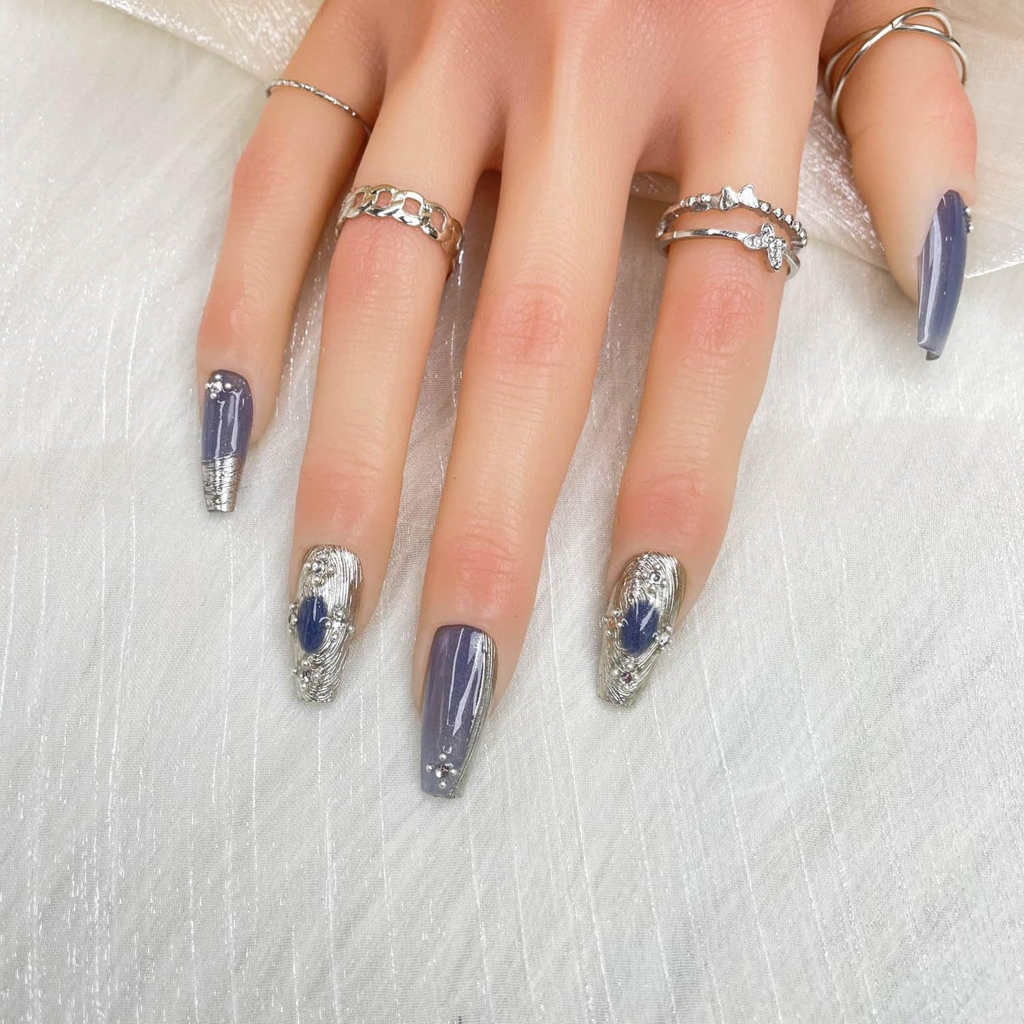 Long Coffin Press-On Nails with Rhinestones – Handmade Gradient Mercury Veil Set