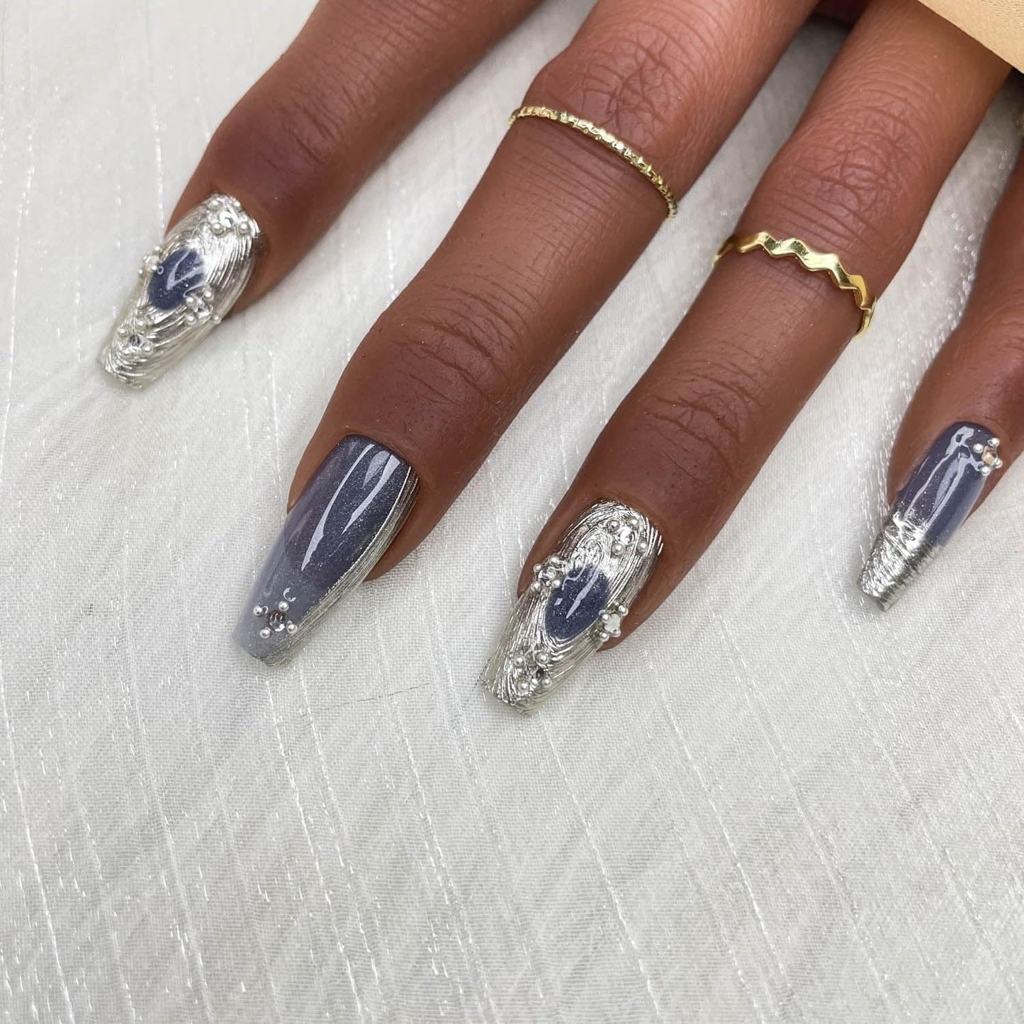 Long Coffin Press-On Nails with Rhinestones – Handmade Gradient Mercury Veil Set