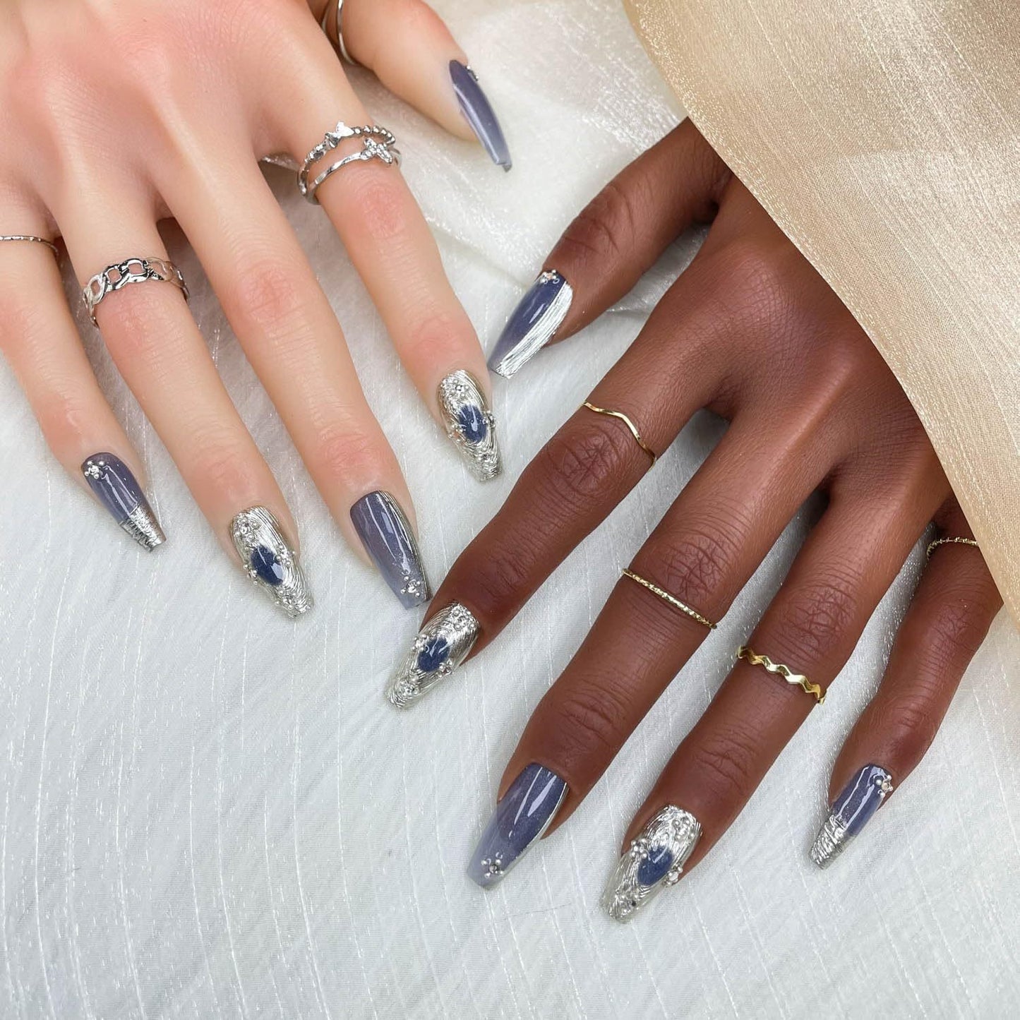 Long Coffin Press-On Nails with Rhinestones – Handmade Gradient Mercury Veil Set