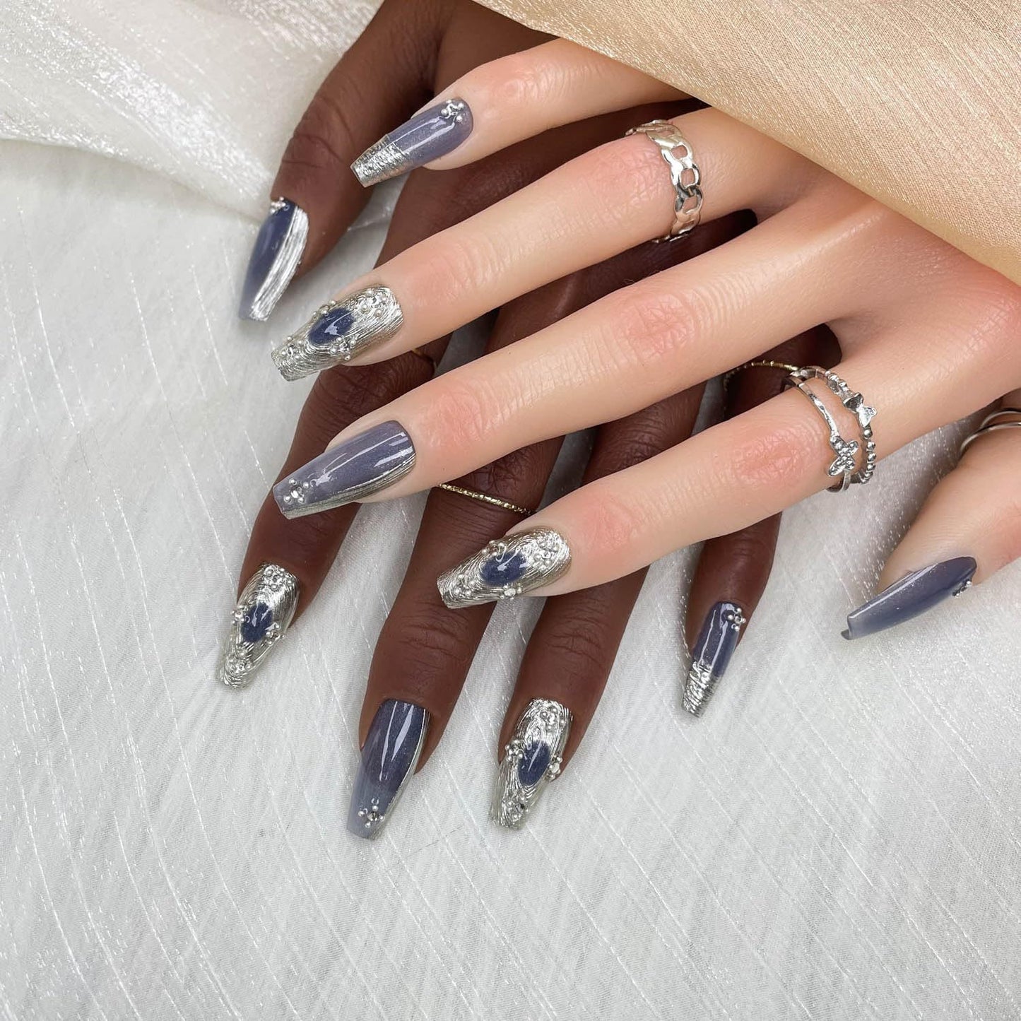 Long Coffin Press-On Nails with Rhinestones – Handmade Gradient Mercury Veil Set
