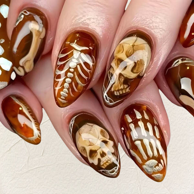 Day-of-the-Dead Skull — Almond Press-On Gel Nails (Halloween)