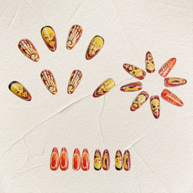Day-of-the-Dead Skull — Almond Press-On Gel Nails (Halloween)