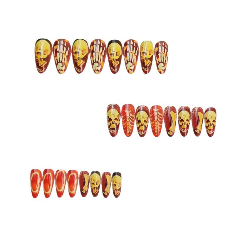 Day-of-the-Dead Skull — Almond Press-On Gel Nails (Halloween)