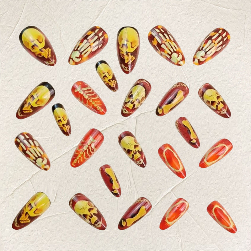 Day-of-the-Dead Skull — Almond Press-On Gel Nails (Halloween)