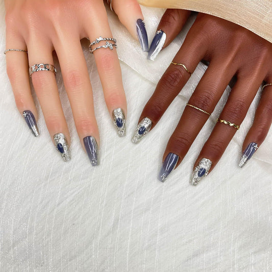 Long Coffin Press-On Nails with Rhinestones – Handmade Gradient Mercury Veil Set