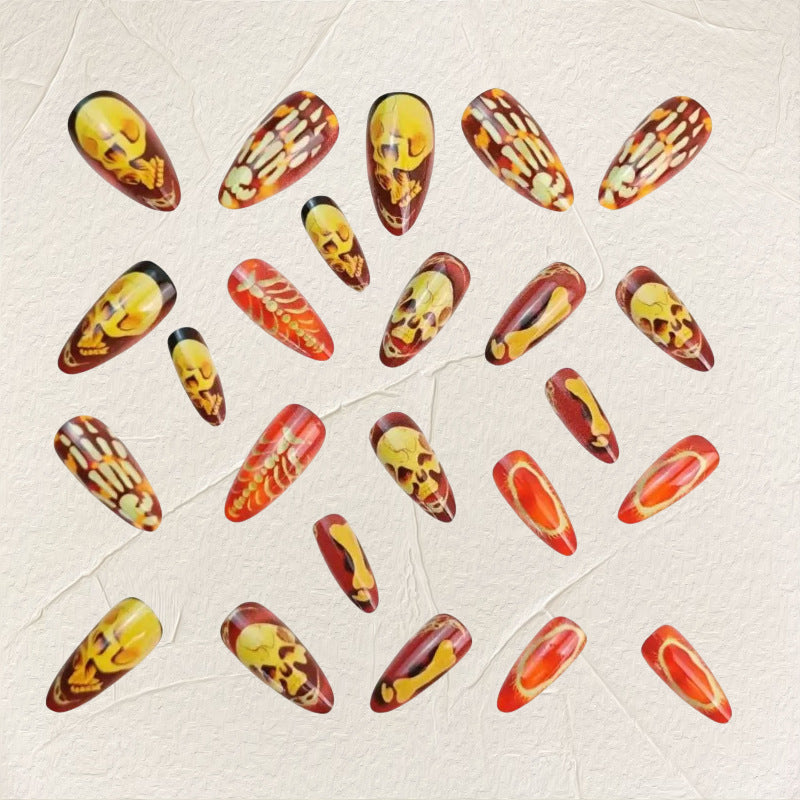 Day-of-the-Dead Skull — Almond Press-On Gel Nails (Halloween)